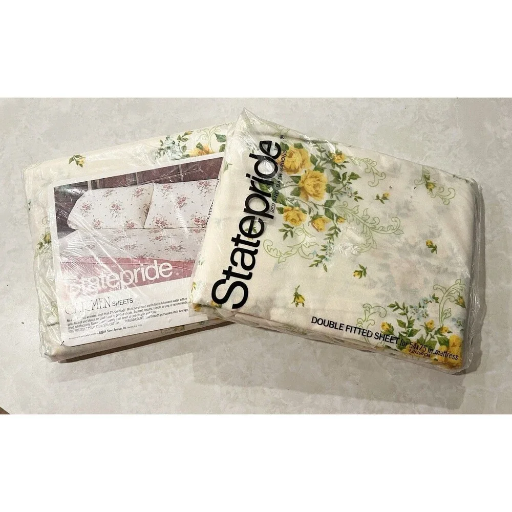 Vtg Statepride Carmen Double Flat Fitted Sheets New Old Stock Cream Yellow Roses